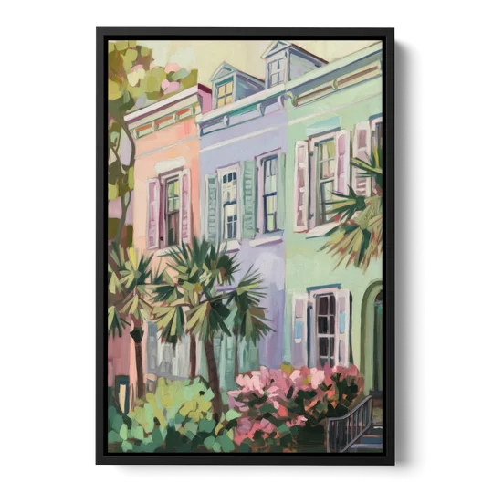 Charleston Rainbow Row - Black Framed Canvas Wall Art - Front