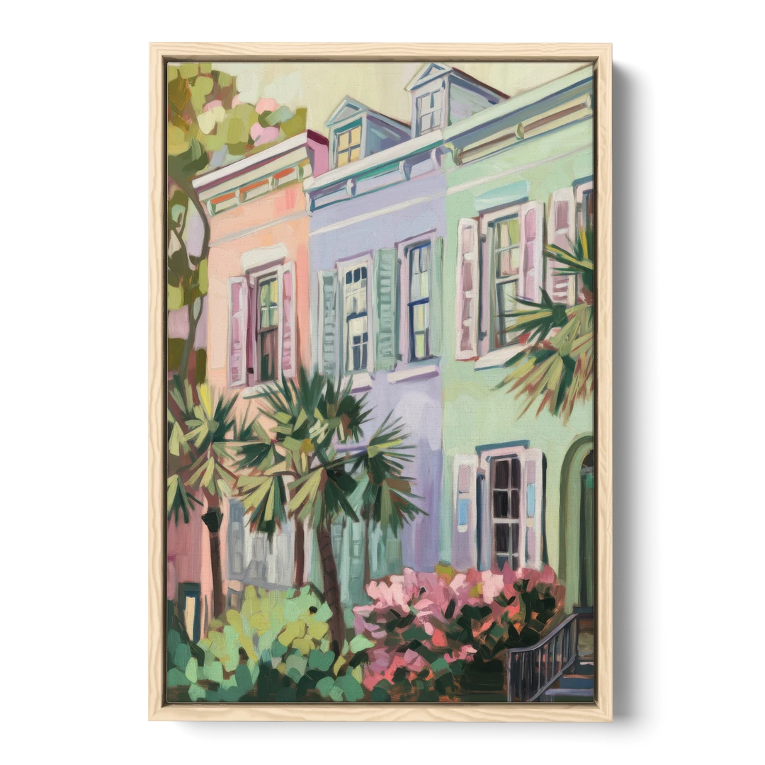 Charleston Rainbow Row - Oak Framed Canvas Wall Art - Front
