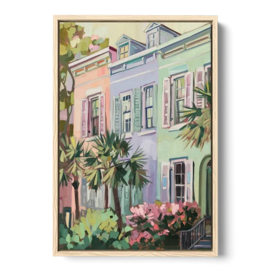 Charleston Rainbow Row - Oak Framed Canvas Wall Art - Front