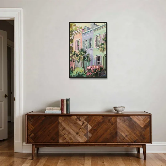 Charleston Rainbow Row - Black Framed Canvas Wall Art - Coffee Table - 24x36