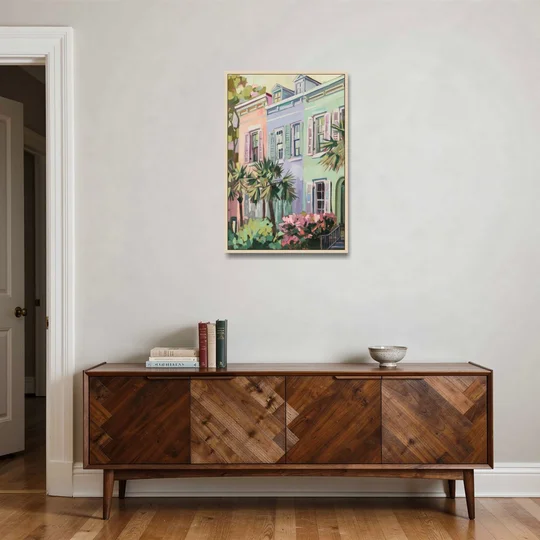 Charleston Rainbow Row - Oak Framed Canvas Wall Art - Coffee Table - 24x36