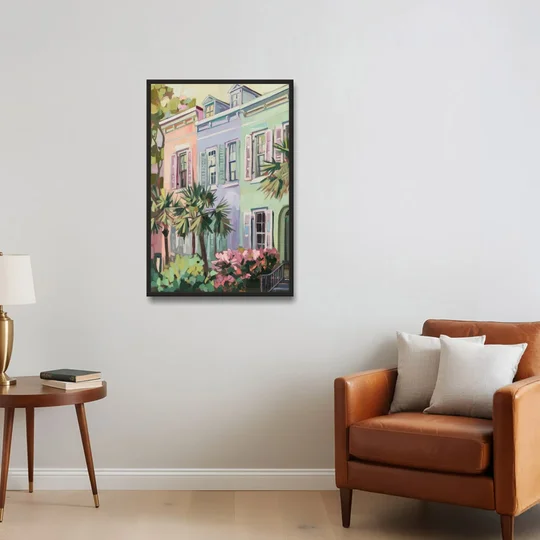 Charleston Rainbow Row - Black Framed Canvas Wall Art - Sofa - 24x36