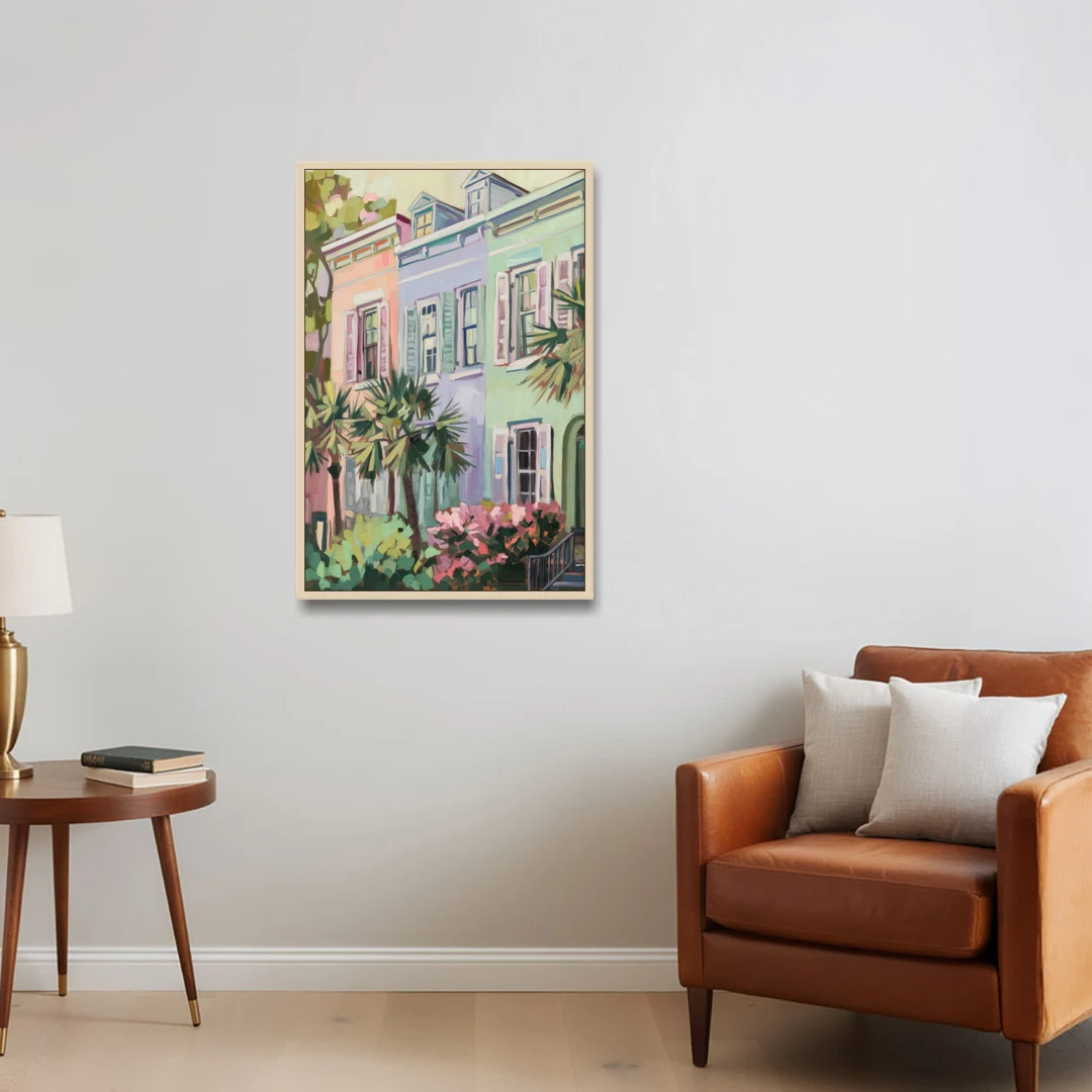 Charleston Rainbow Row - Oak Framed Canvas Wall Art - Sofa - 24x36