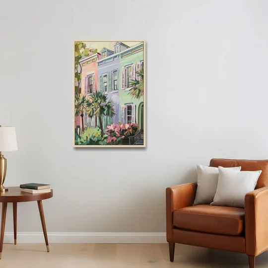 Charleston Rainbow Row - Oak Framed Canvas Wall Art - Sofa - 24x36