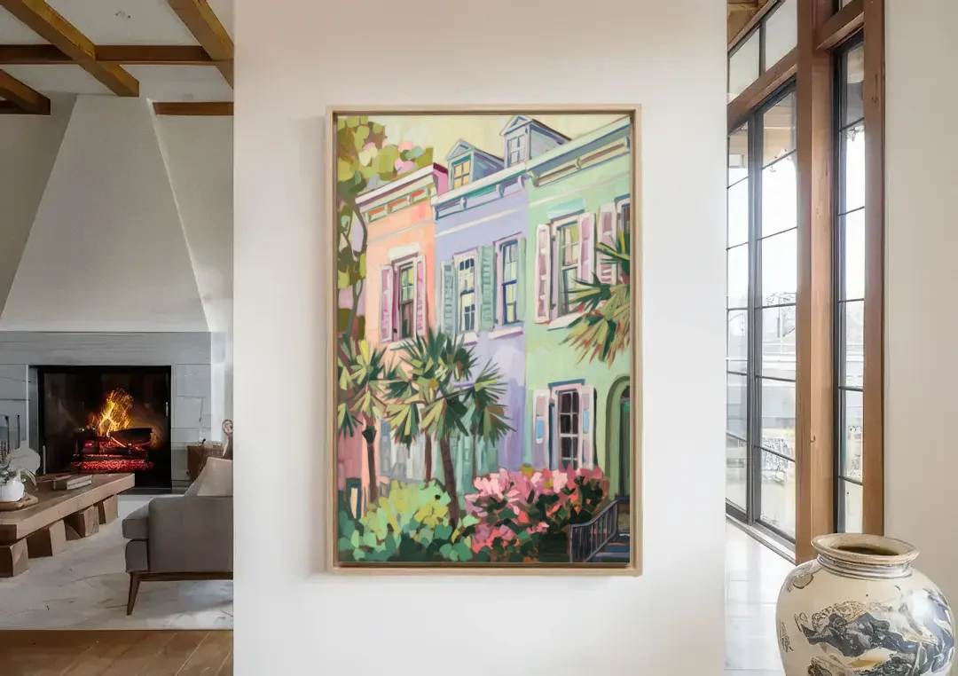 Charleston Rainbow Row canvas wall art in a living room with a fireplace