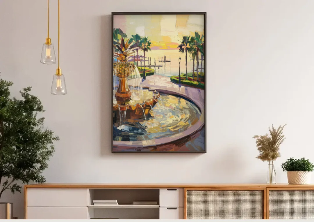 Charleston Waterfront Park canvas wall art above a wooden sideboard under pendant lights