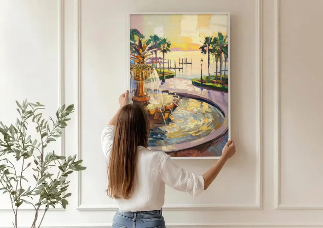 Charleston Waterfront Park canvas wall art being hung on a paneled wall