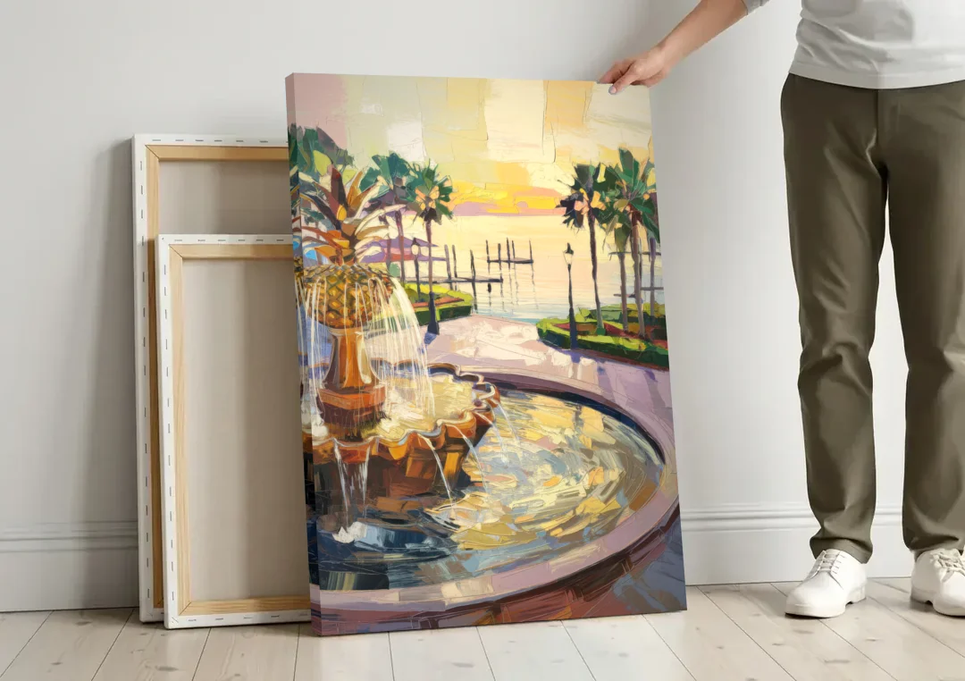 Charleston Waterfront Park canvas wall art leaning against a wall next to blank canvases