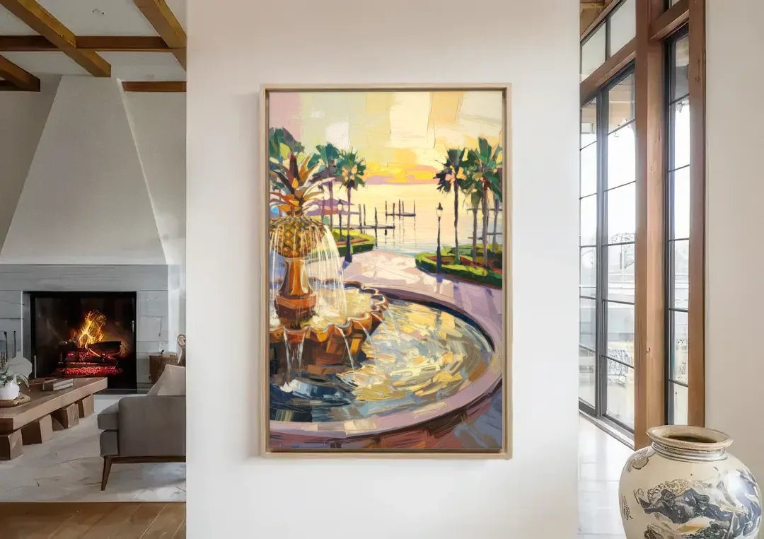 Charleston Waterfront Park canvas wall art in a living room with a fireplace