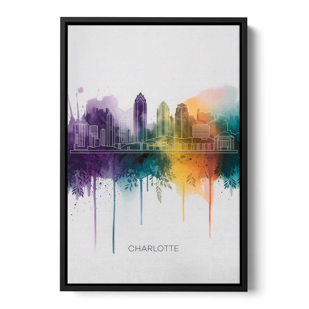 Charlotte Cityscape in Watercolor - Black Framed Canvas Wall Art - Front