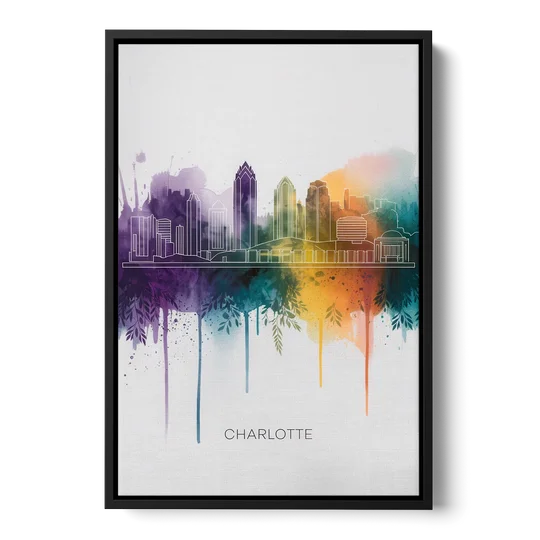 Charlotte Cityscape in Watercolor - Black Framed Canvas Wall Art - Front