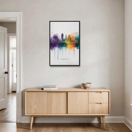 Charlotte Cityscape in Watercolor - Black Framed Canvas Wall Art - Coffee Table - 24x36