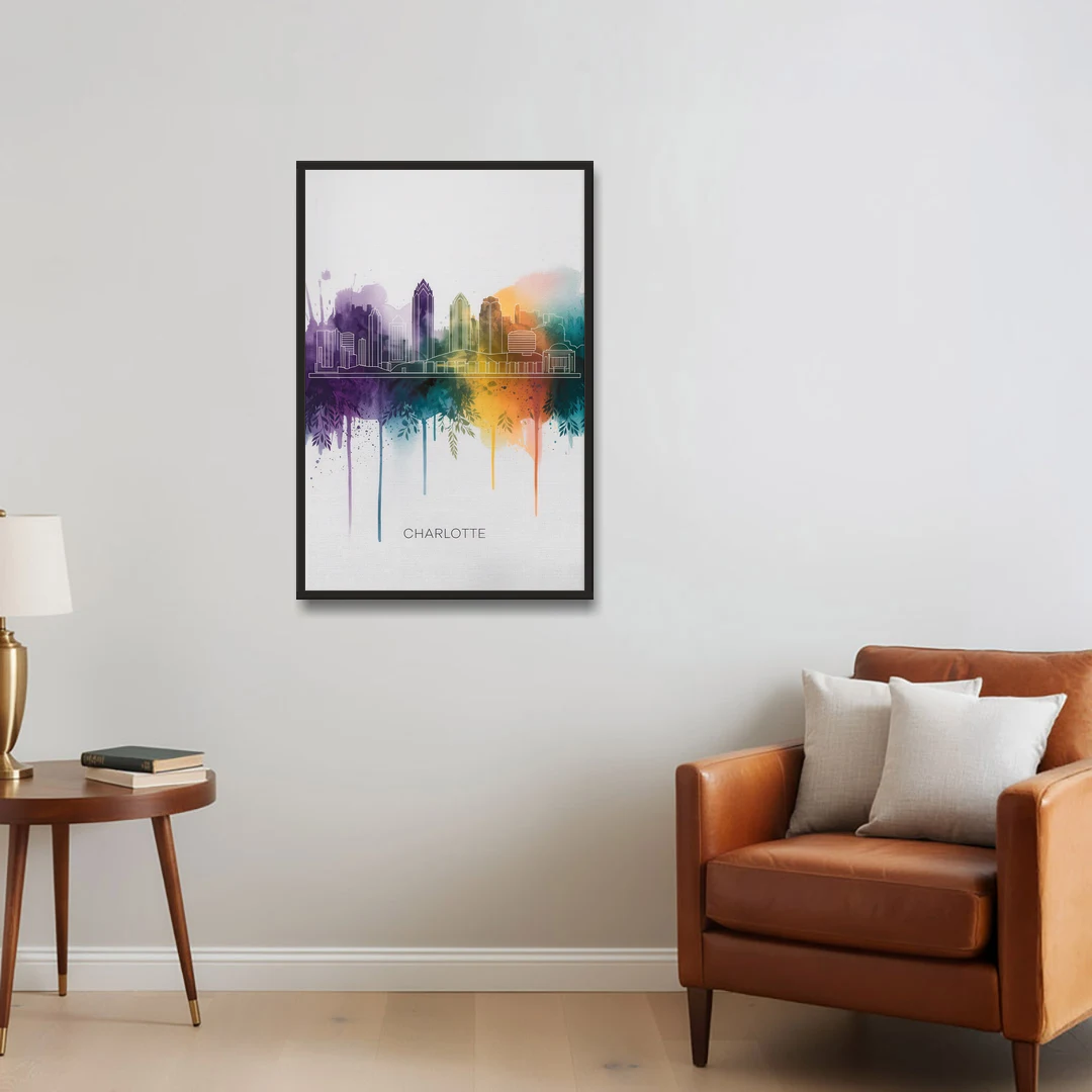 Charlotte Cityscape in Watercolor - Black Framed Canvas Wall Art - Sofa - 24x36