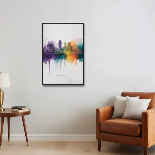 Charlotte Cityscape in Watercolor - Black Framed Canvas Wall Art - Sofa - 24x36