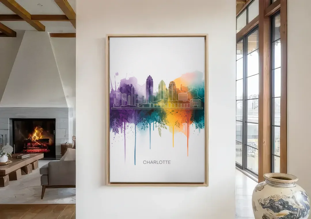 Charlotte Cityscape in Watercolor canvas wall art in a living room with a fireplace