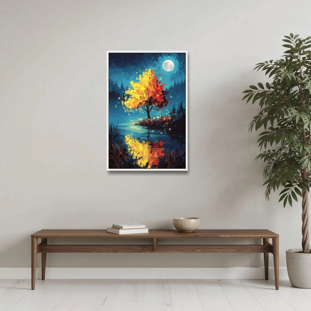 Charlotte Nighttime Glow - White Framed Canvas Wall Art - Coffee Table - 24x36