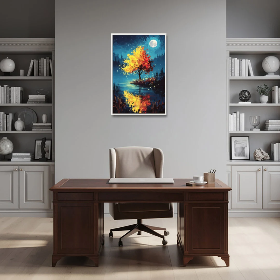 Charlotte Nighttime Glow - White Framed Canvas Wall Art - Office - 24x36