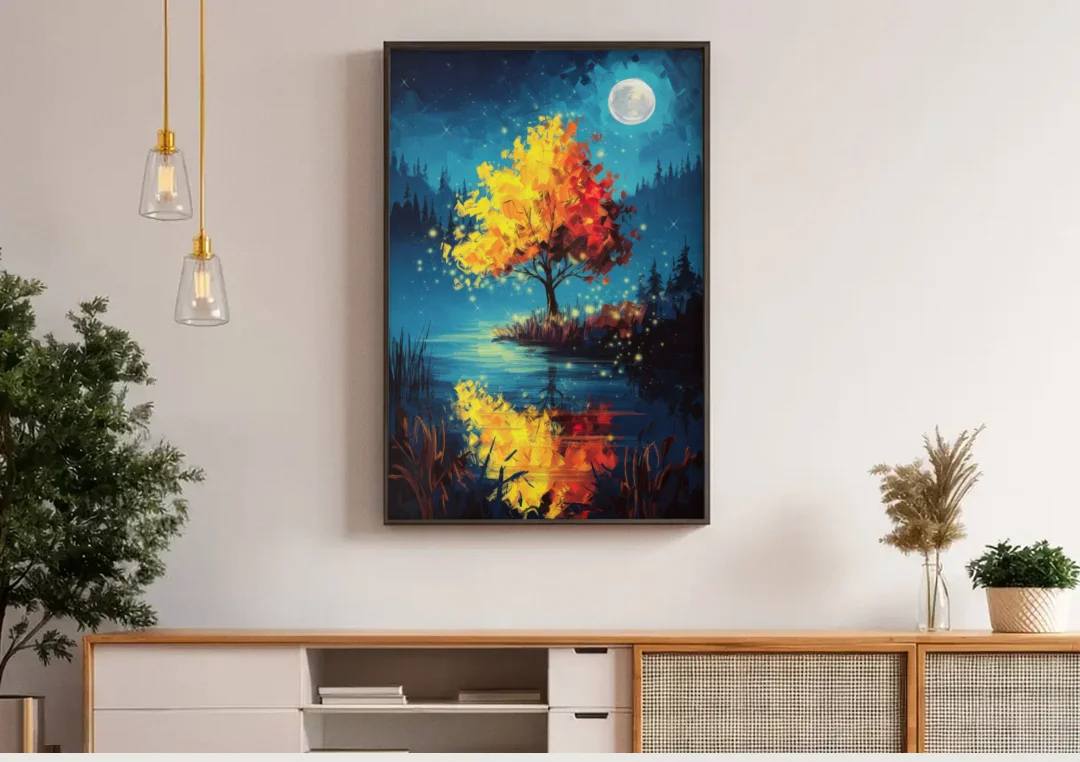 Charlotte Nighttime Glow canvas wall art above a wooden sideboard under pendant lights