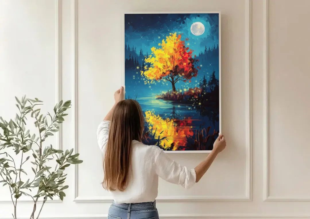 Charlotte Nighttime Glow canvas wall art being hung on a paneled wall