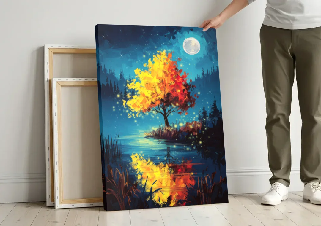 Charlotte Nighttime Glow canvas wall art leaning against a wall next to blank canvases