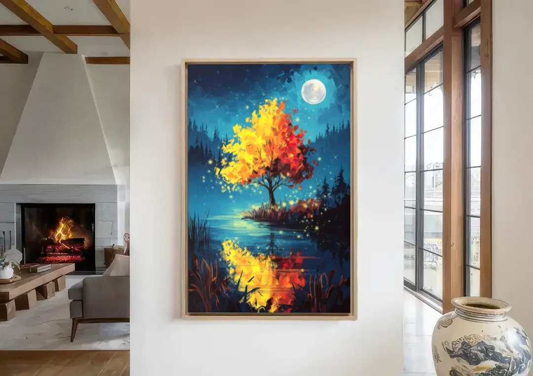 Charlotte Nighttime Glow canvas wall art in a living room with a fireplace