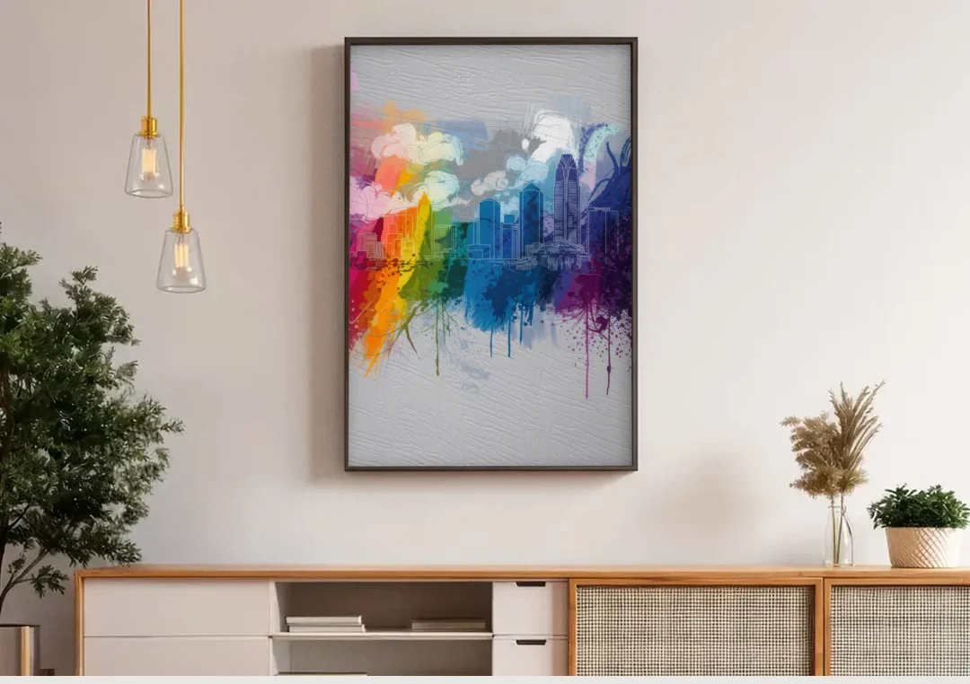 Charlotte Skyline Abstract Design canvas wall art above a wooden sideboard under pendant lights
