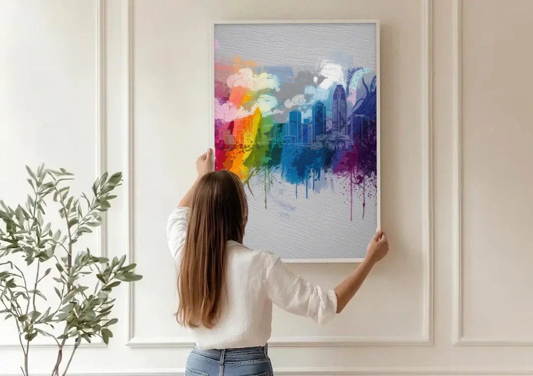 Charlotte Skyline Abstract Design canvas wall art being hung on a paneled wall