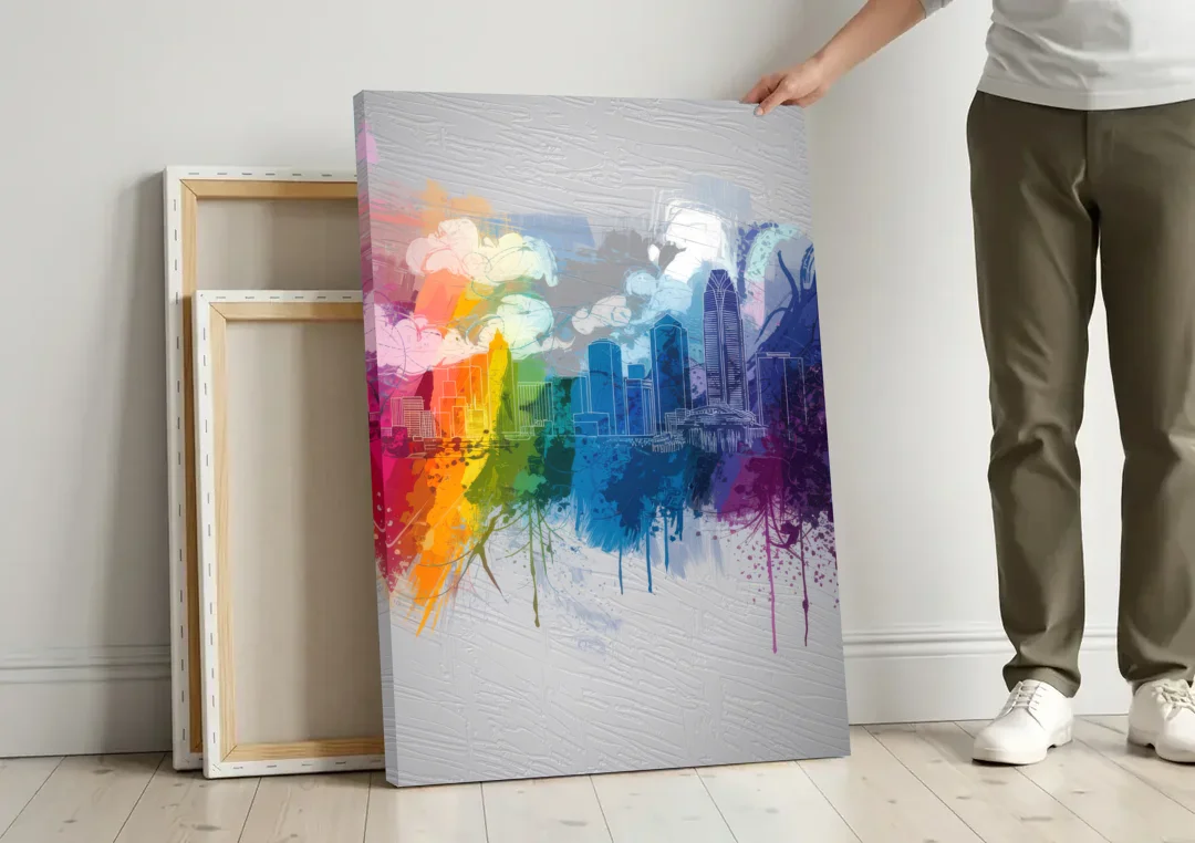 Charlotte Skyline Abstract Design canvas wall art leaning against a wall next to blank canvases