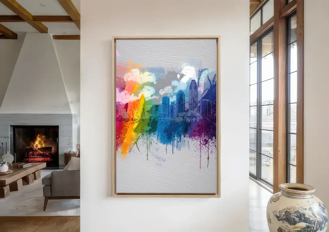 Charlotte Skyline Abstract Design canvas wall art in a living room with a fireplace