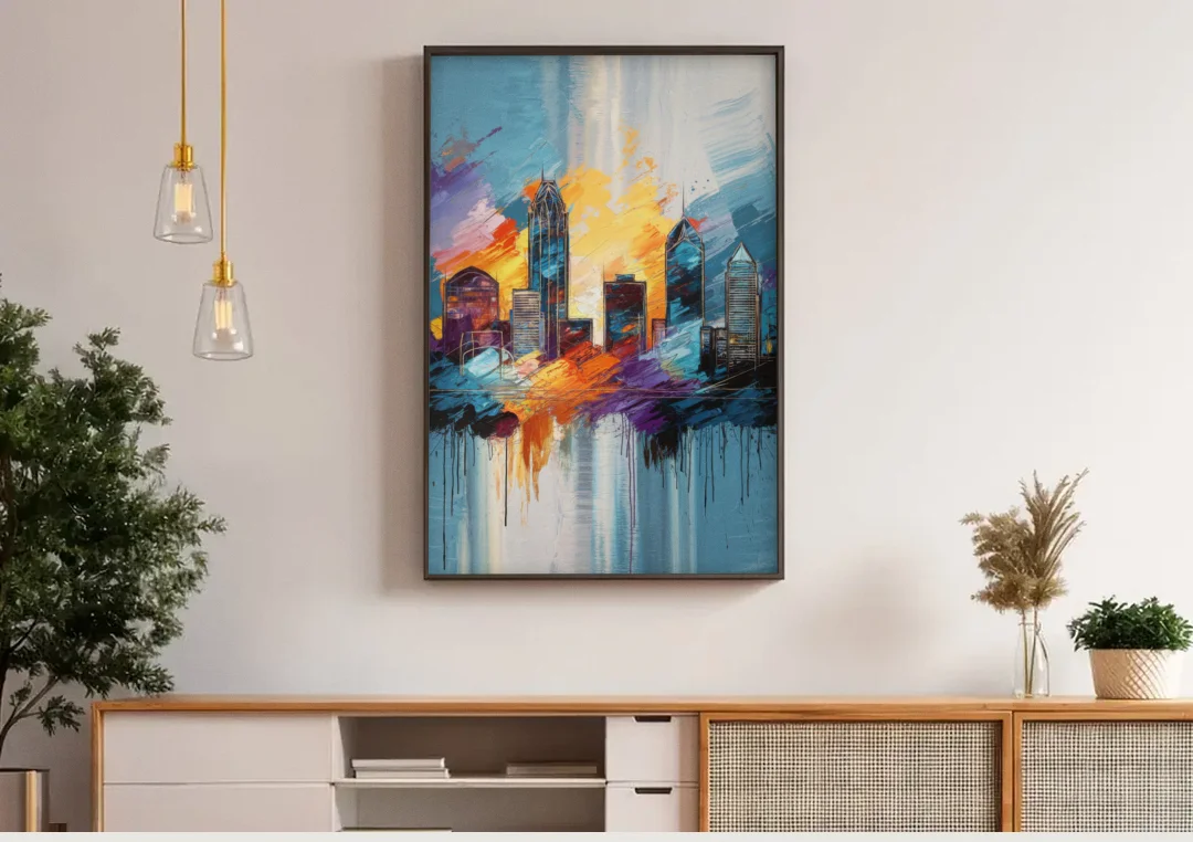 Charlotte Skyline and Panthers Pride canvas wall art above a wooden sideboard under pendant lights