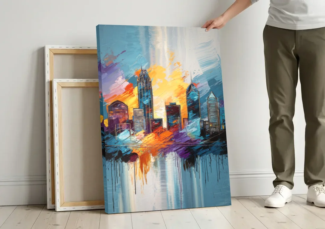 Charlotte Skyline and Panthers Pride canvas wall art leaning against a wall next to blank canvases