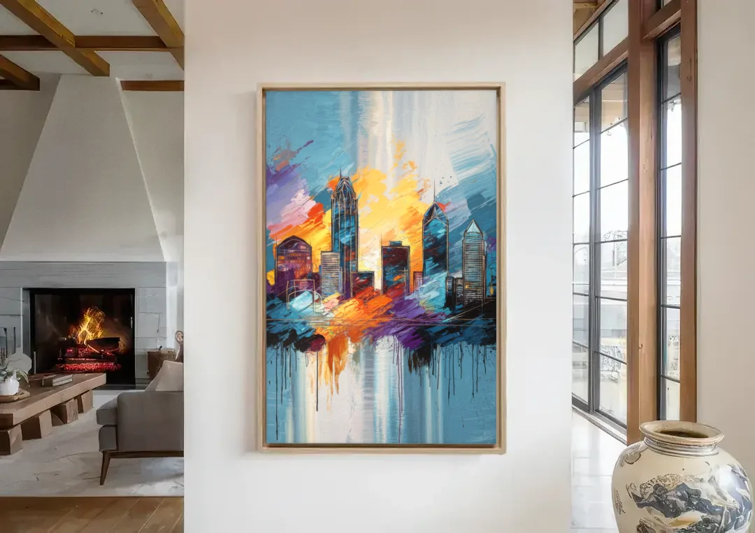 Charlotte Skyline and Panthers Pride canvas wall art in a living room with a fireplace