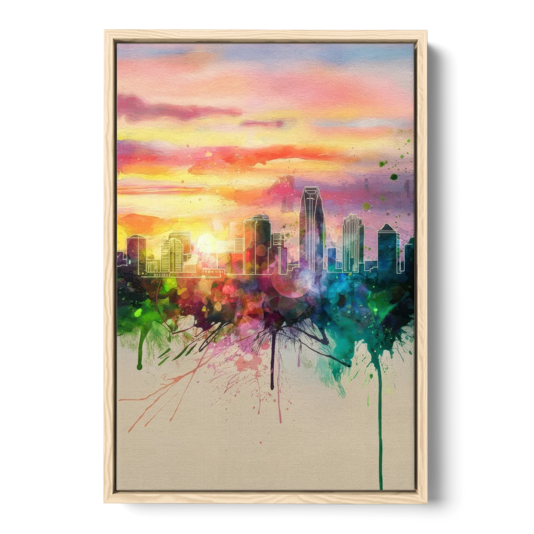 Charlotte Skyline at Sunset - Oak Framed Canvas Wall Art - Front