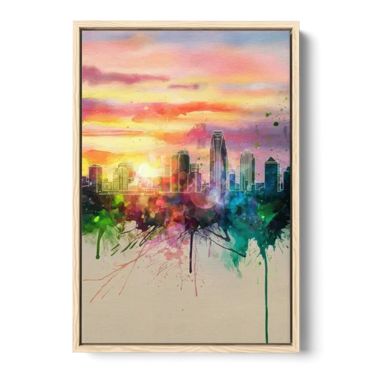 Charlotte Skyline at Sunset - Oak Framed Canvas Wall Art - Front