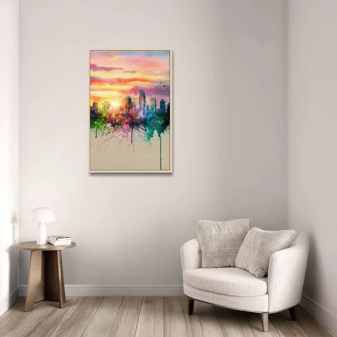 Charlotte Skyline at Sunset - Oak Framed Canvas Wall Art - Sofa - 24x36
