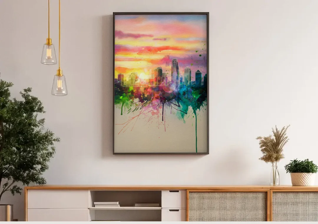 Charlotte Skyline at Sunset canvas wall art above a wooden sideboard under pendant lights