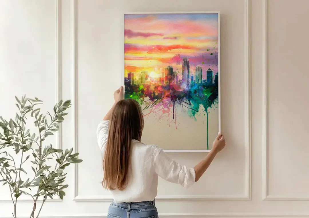 Charlotte Skyline at Sunset canvas wall art being hung on a paneled wall