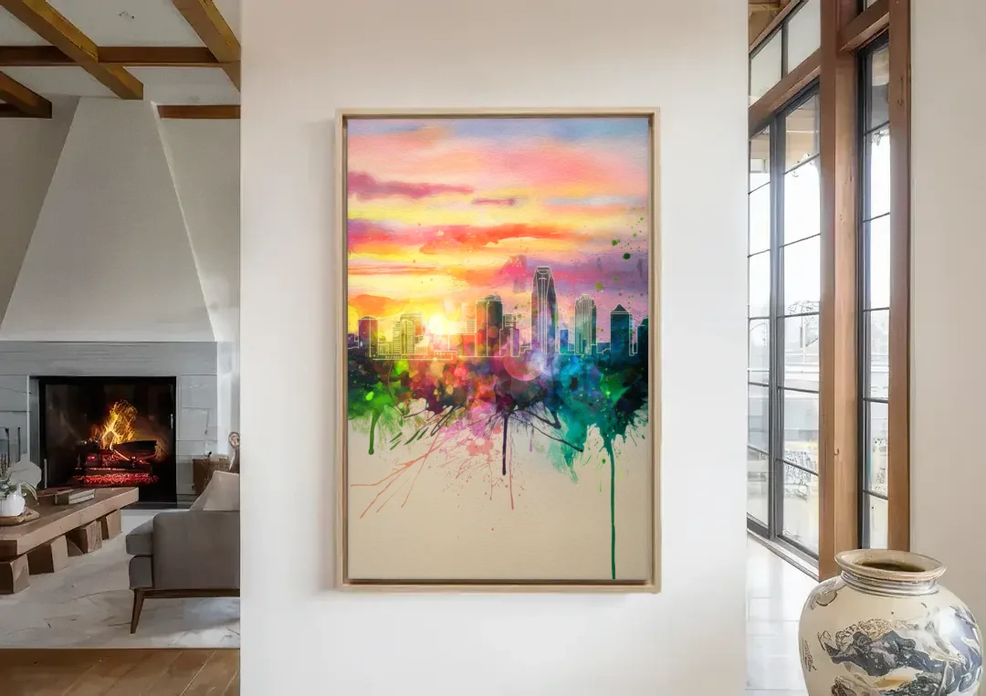 Charlotte Skyline at Sunset canvas wall art in a living room with a fireplace