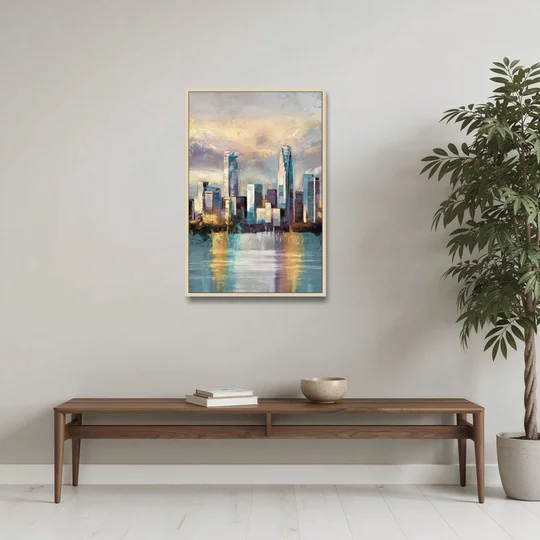 Charlotte Uptown Skyline - Oak Framed Canvas Wall Art - Coffee Table - 24x36