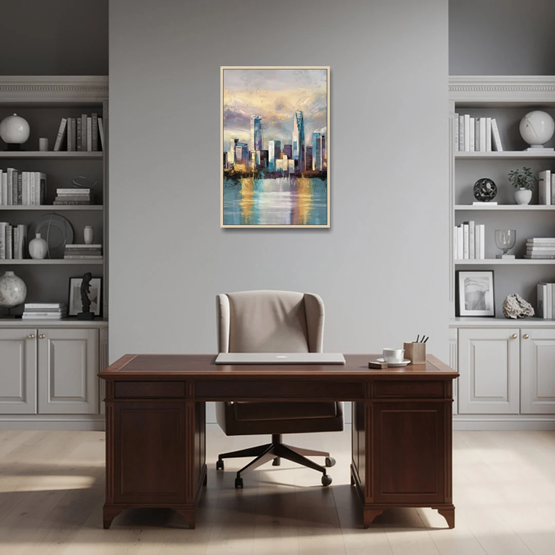 Charlotte Uptown Skyline - Oak Framed Canvas Wall Art - Office - 24x36