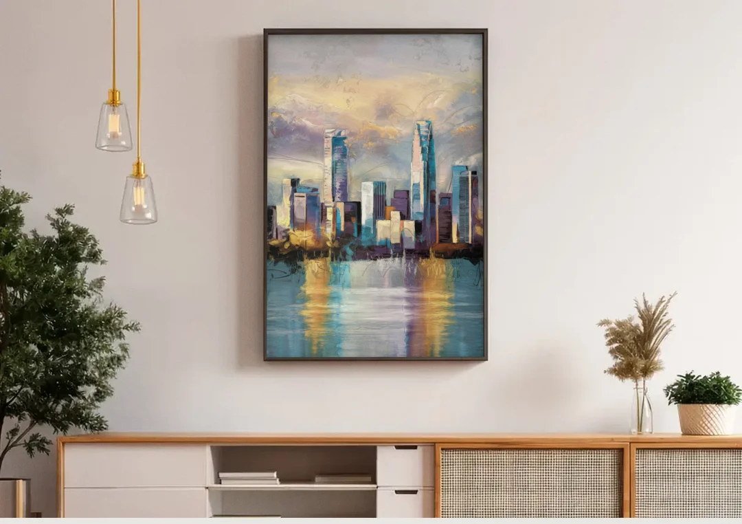Charlotte Uptown Skyline canvas wall art above a wooden sideboard under pendant lights