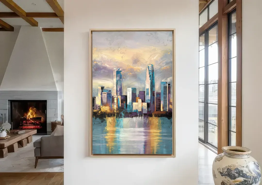 Charlotte Uptown Skyline canvas wall art in a living room with a fireplace