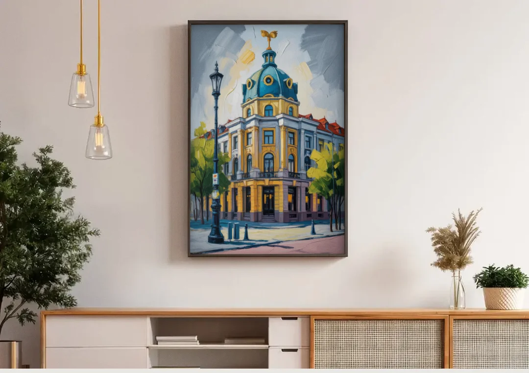 Charlottenburg Charm canvas wall art above a wooden sideboard under pendant lights