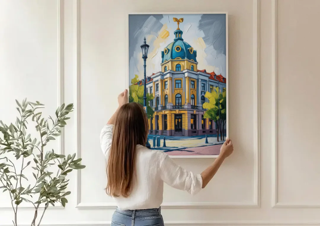 Charlottenburg Charm canvas wall art being hung on a paneled wall