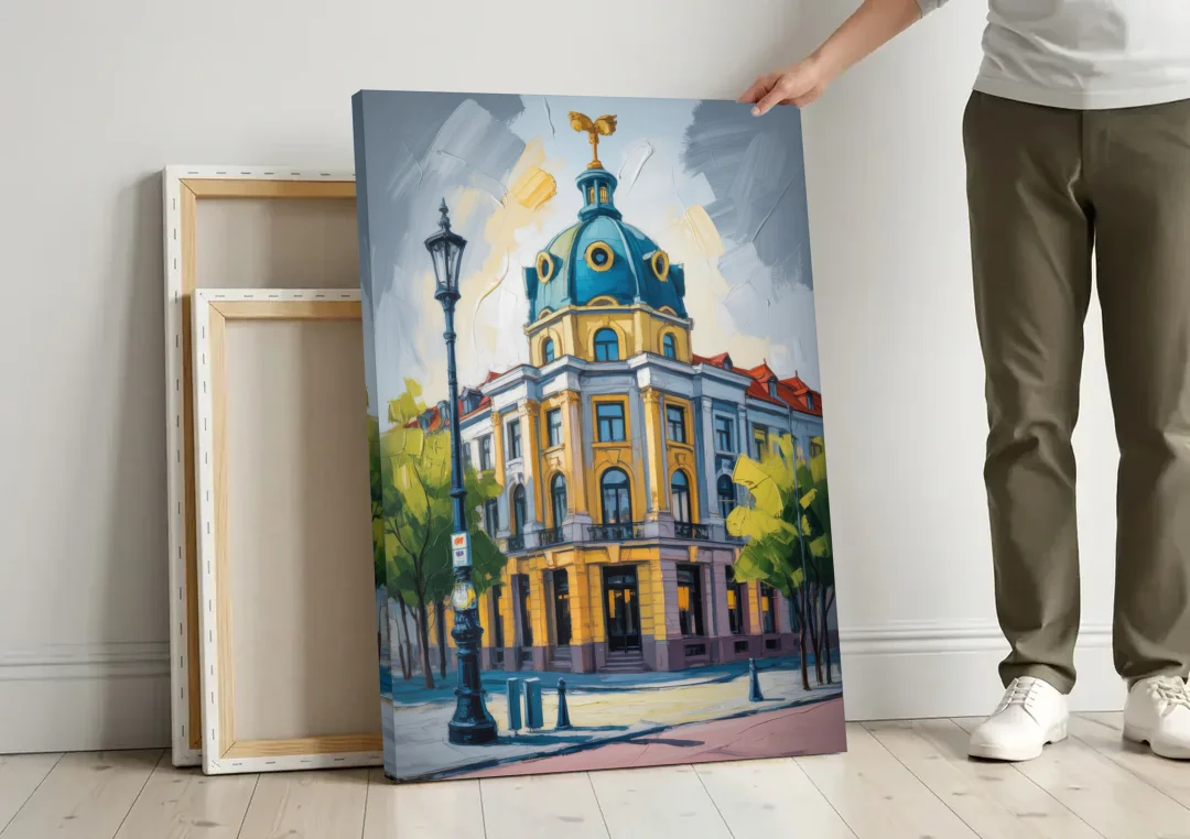 Charlottenburg Charm canvas wall art leaning against a wall next to blank canvases