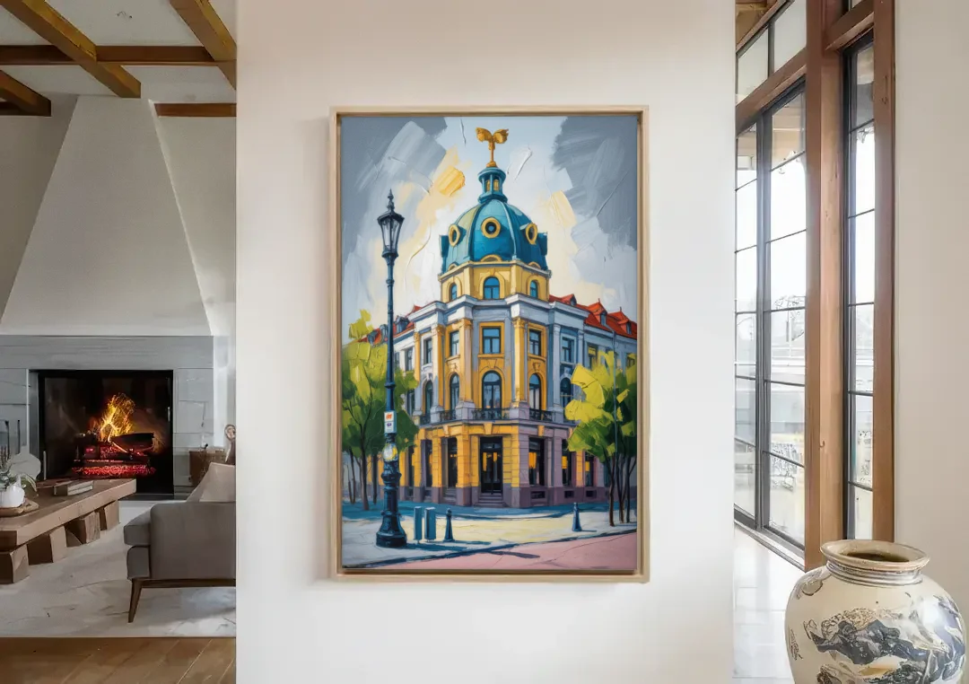 Charlottenburg Charm canvas wall art in a living room with a fireplace