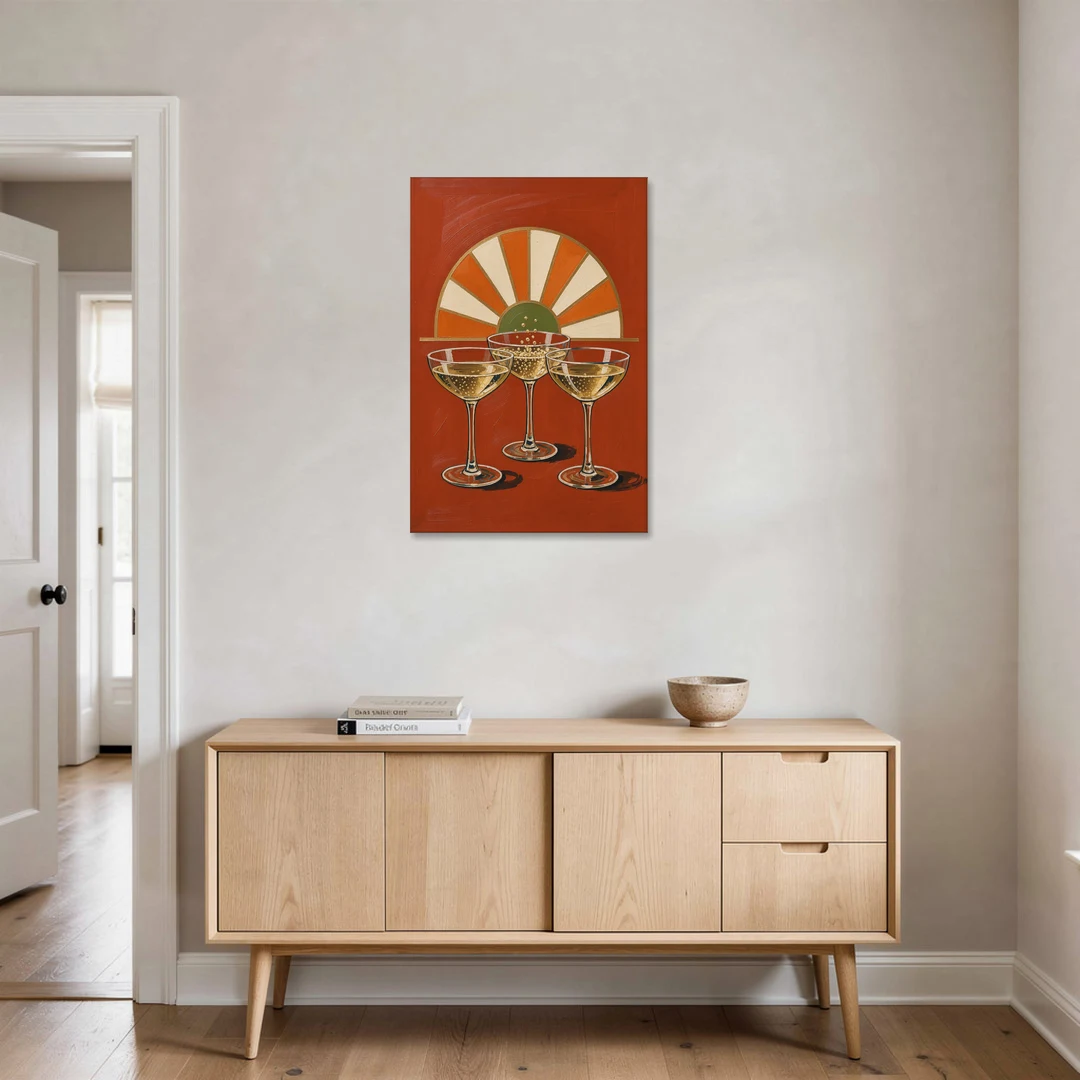 Cheers Wall Art with Three Champagne Coupes - Canvas Wall Art - Coffee Table - 24x36