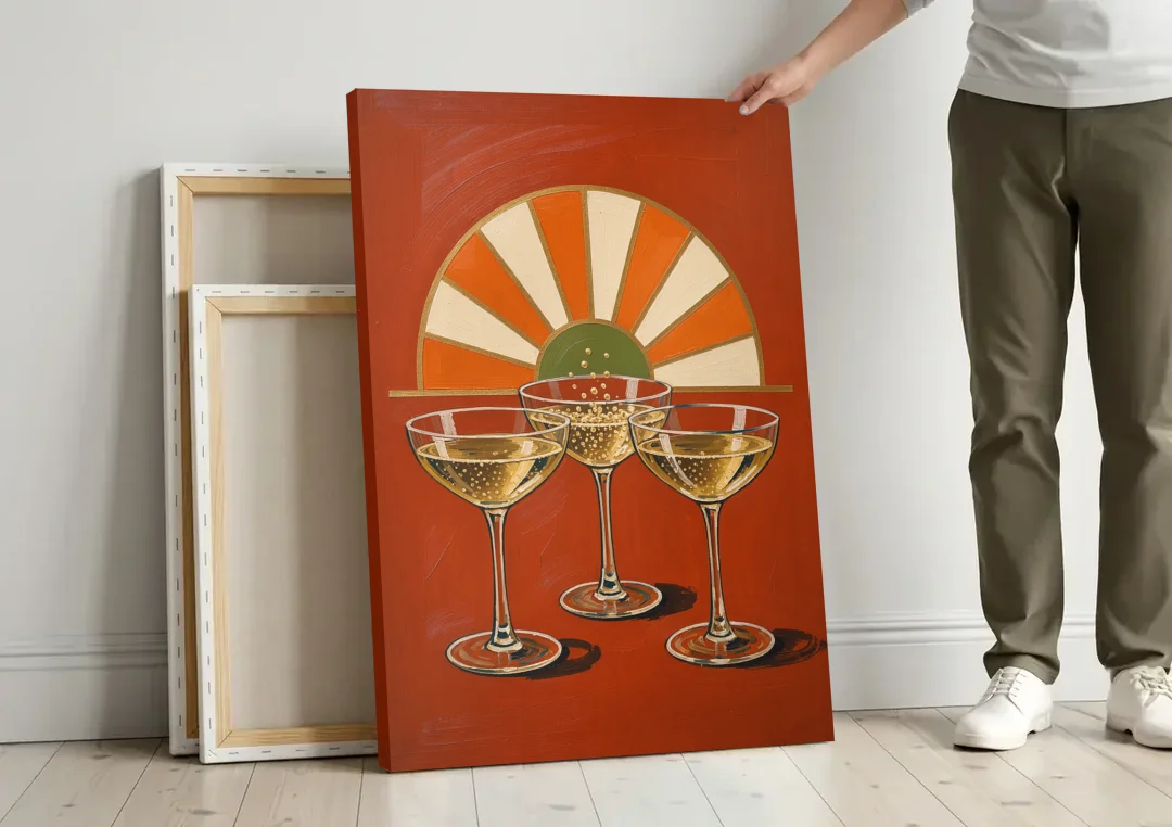 Cheers Wall Art with Three Champagne Coupes canvas wall art leaning against a wall next to blank canvases