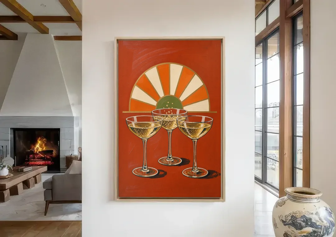 Cheers Wall Art with Three Champagne Coupes canvas wall art in a living room with a fireplace