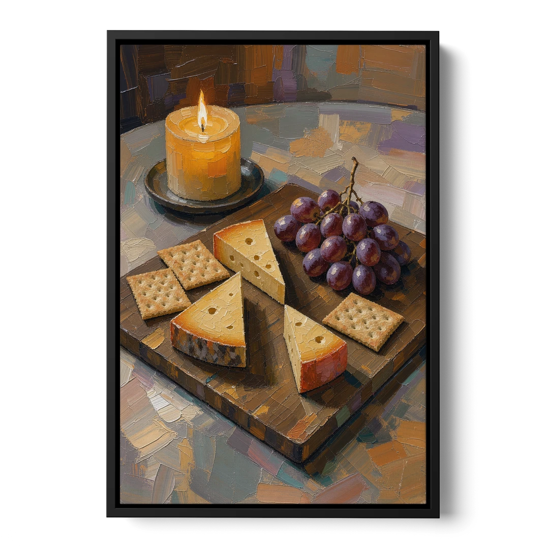 Cheese Board by Candlelight for the Restaurant - Black Framed Canvas Wall Art - Front